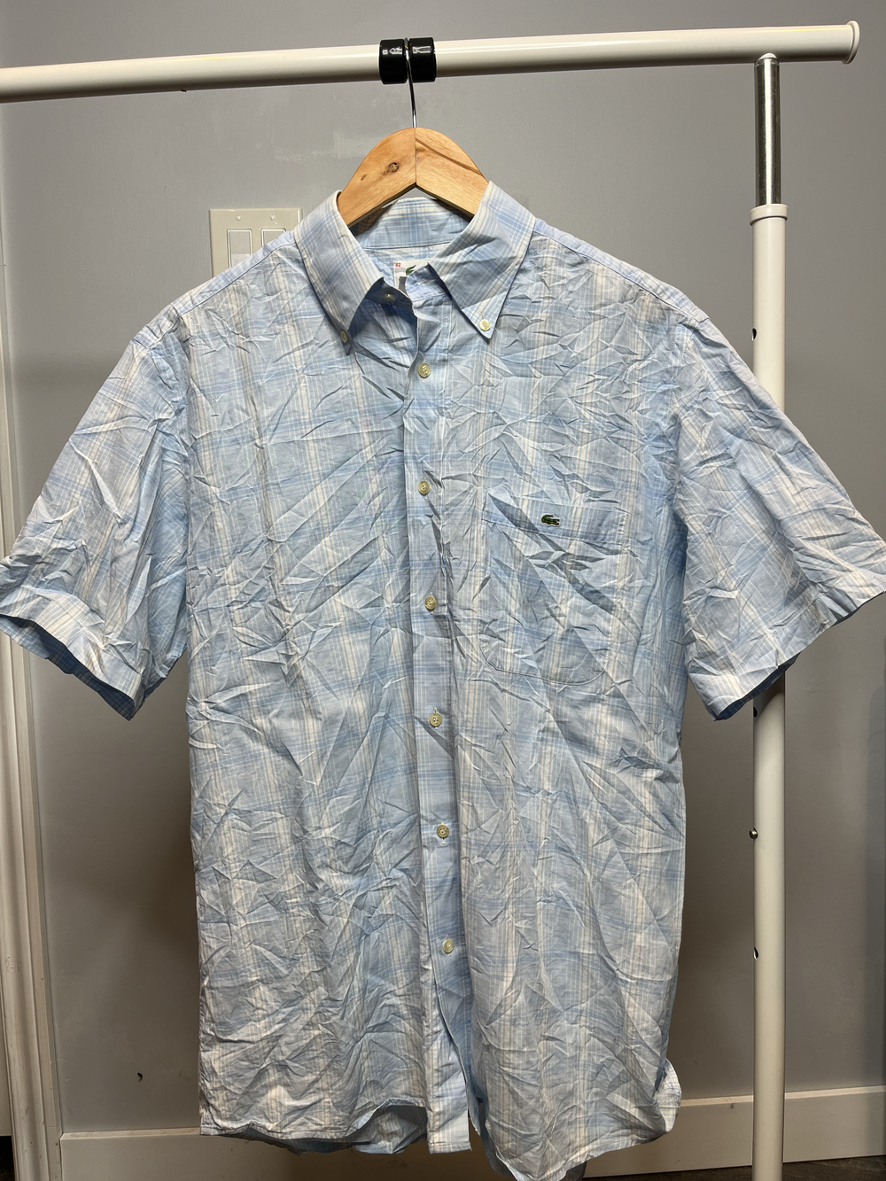 Lacoste Men's Plaid Checkered Button Down Short Sleeve Shirt Light Blue White Sz
